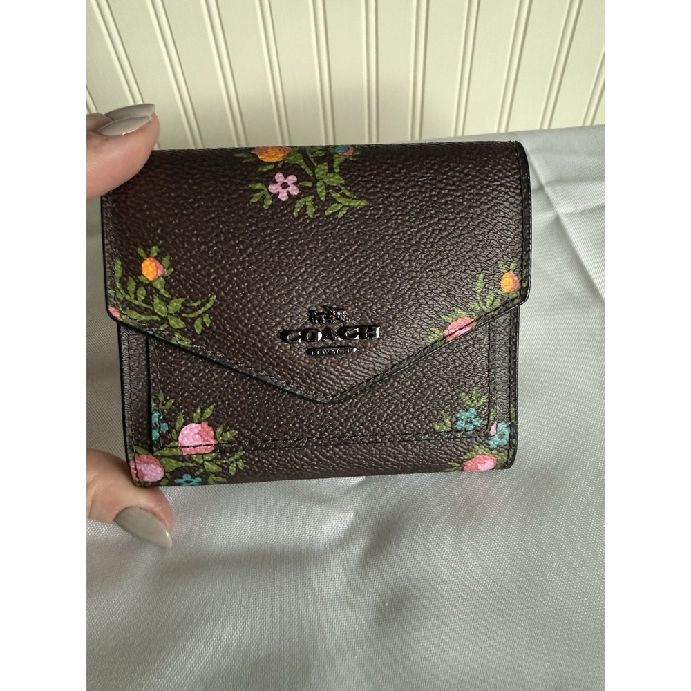 NWT Wyn Coach Small Wallet in Dark Oxblood Purple with Cross Stitch Floral 22886
